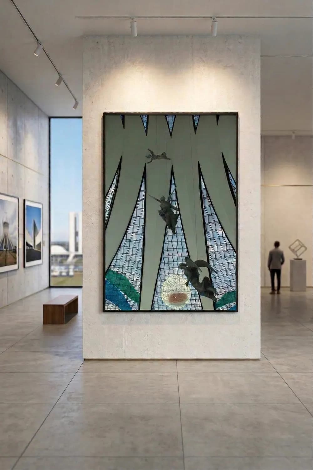 Quadro dos vitrais da Catedral de Brasília exposto numa parede de galeria
